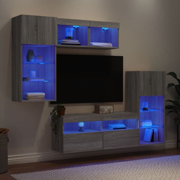 vidaXL Mobili TV a Muro con LED 5pz Grigio Sonoma in Legno Multistrato