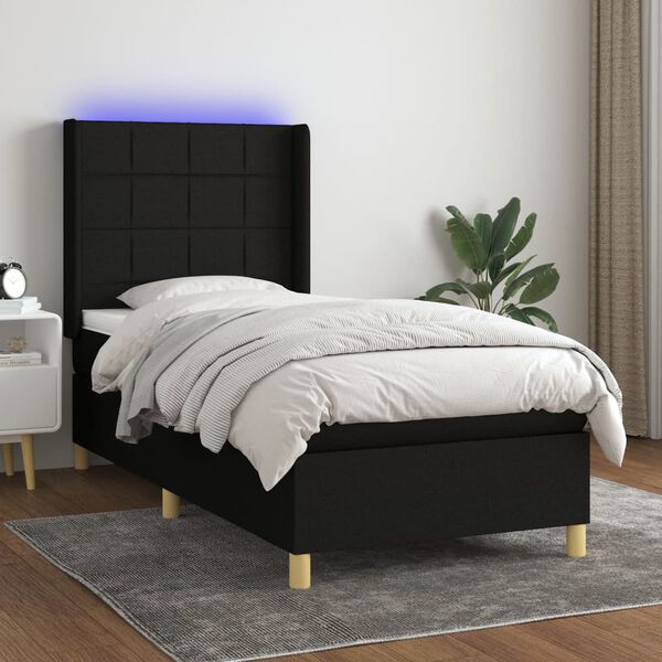 vidaXL Letto a Molle con Materasso e LED Nero 90x200 cm in Tessuto