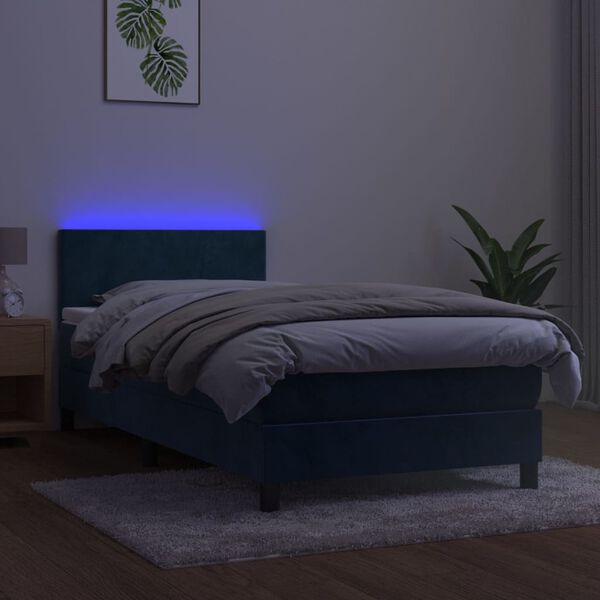 vidaXL Letto a Molle con Materasso e LED Blu Scuro 90x200cm in Velluto
