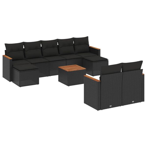 vidaXL Set Divani da Giardino 10pz con Cuscini in Polyrattan Nero