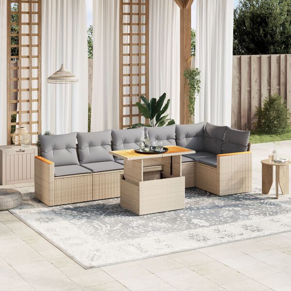 vidaXL Set Divani da Giardino 7 pz con Cuscini Beige in Polyrattan
