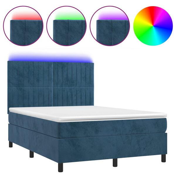 vidaXL Letto a Molle con Materasso e LED Blu Scuro 140x190 cm