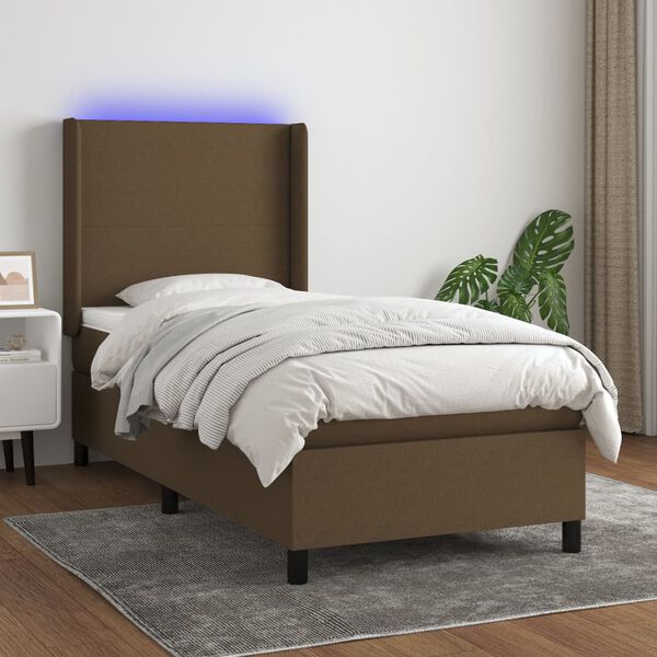vidaXL Letto a Molle Materasso e LED Marrone Scuro 90x200cm in Tessuto