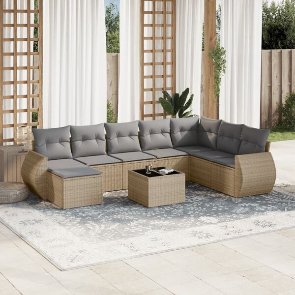 vidaXL Set Divano da Giardino 9 pz con Cuscini Beige in Polyrattan