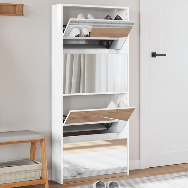 vidaXL Scarpiera con Specchio a 4 Livelli Bianco lucido 63x17x134 cm
