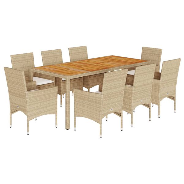 vidaXL Set Pranzo da Giardino 9 pz con Cuscini Beige Polyrattan Acacia