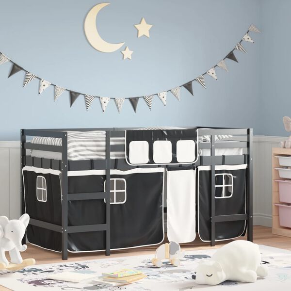 vidaXL Letto a Soppalco Bambini con Tende Bianco e Nero 90x190 cm Pino