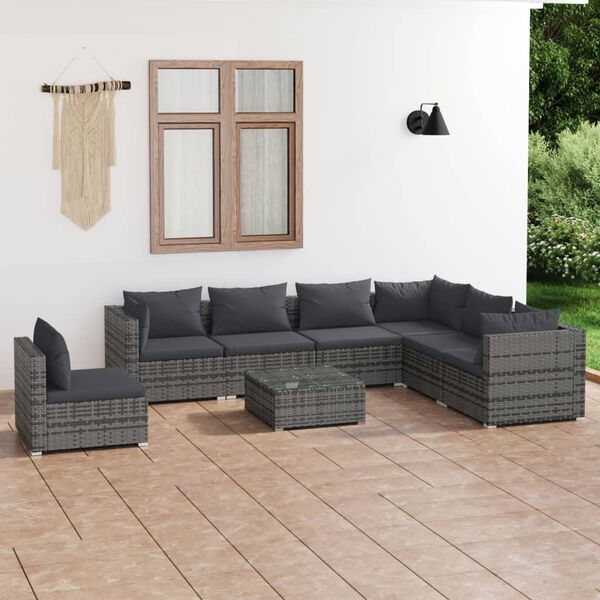 vidaXL Set Divani da Giardino 8 pz con Cuscini in Polyrattan Grigio