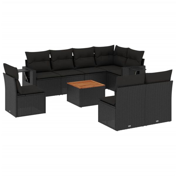 vidaXL Set Divani da Giardino 9 pz con Cuscini Nero in Polyrattan