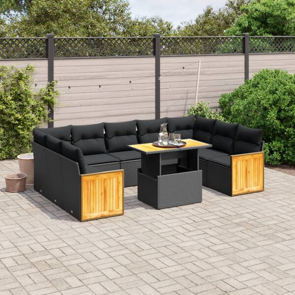 vidaXL Set Divani da Giardino 10pz con Cuscini in Polyrattan Nero