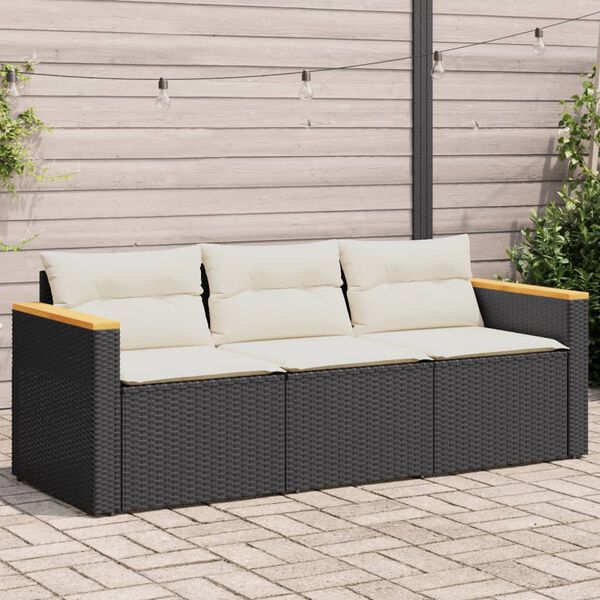 vidaXL Divano da Giardino a 3 Posti con Cuscini Nero in Polyrattan