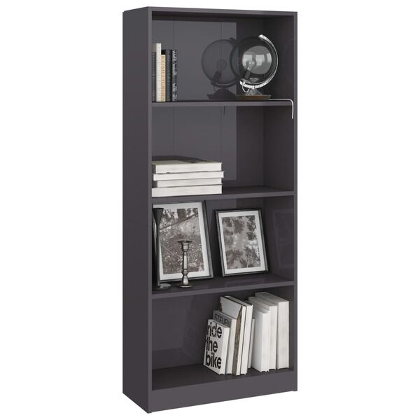 vidaXL Libreria 4 Ripiani Grigio Lucido 60x24x142 cm Legno Multistrato