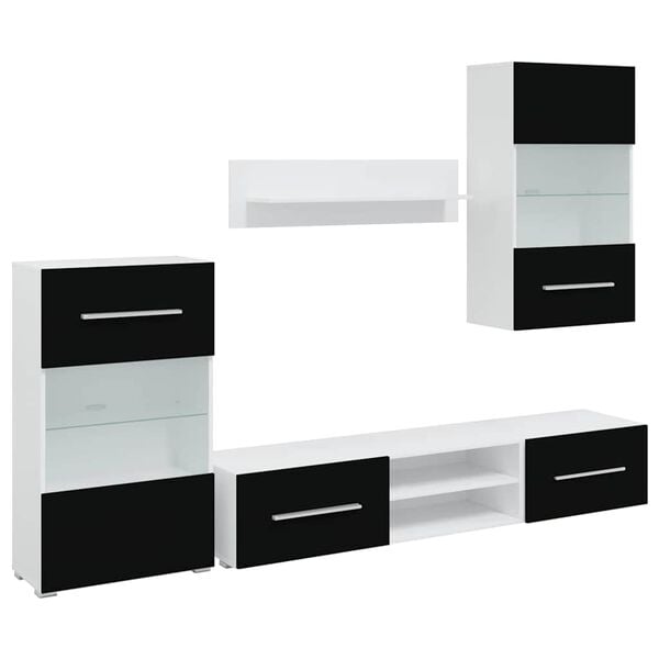 vidaXL Mobili con Vetrina Parete Unità TV 5 pz con Luci LED Nero