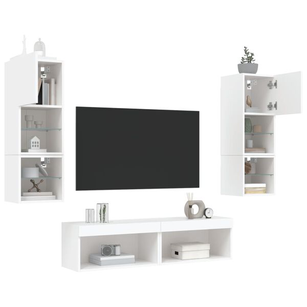 vidaXL Mobili TV a Muro con LED 6pz Bianchi in Legno Multistrato