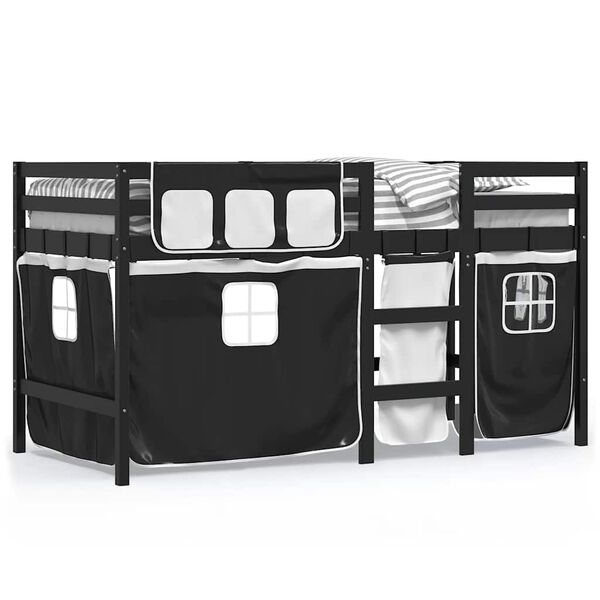 vidaXL Letto a Soppalco con Tende Bambini Bianco e Nero 80x200 cm Pino