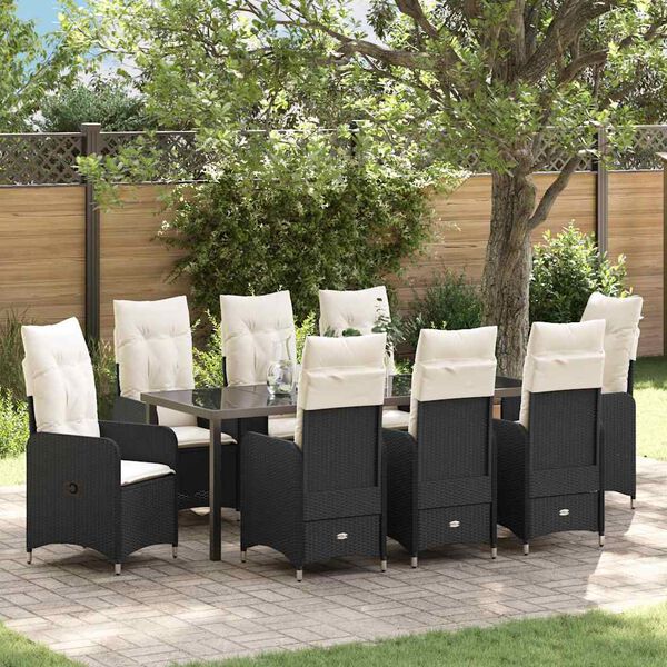 vidaXL Set da Pranzo per Giardino con cuscino 9 pcs Nero polyrattan