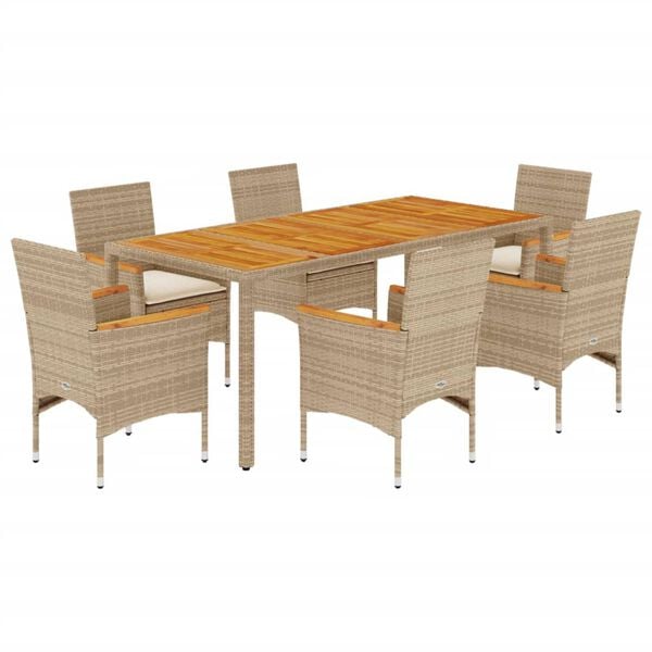 vidaXL Set Pranzo da Giardino 7 pz con Cuscini Beige Polyrattan Acacia