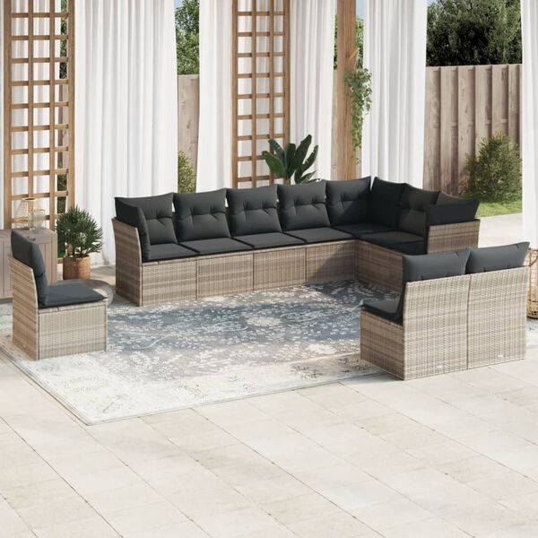 vidaXL Set Divano Giardino 10 pz con Cuscini Grigio Chiaro Polyrattan