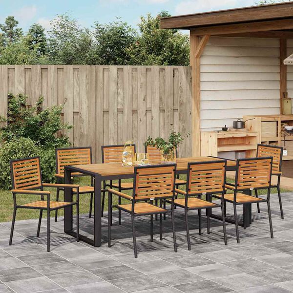 vidaXL Set da Pranzo per Giardino 9 pcs Nero e Legno polyrattan