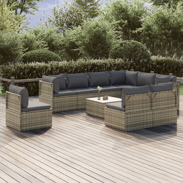 vidaXL Set Divani da Giardino 10 pz con Cuscini in Polyrattan Grigio