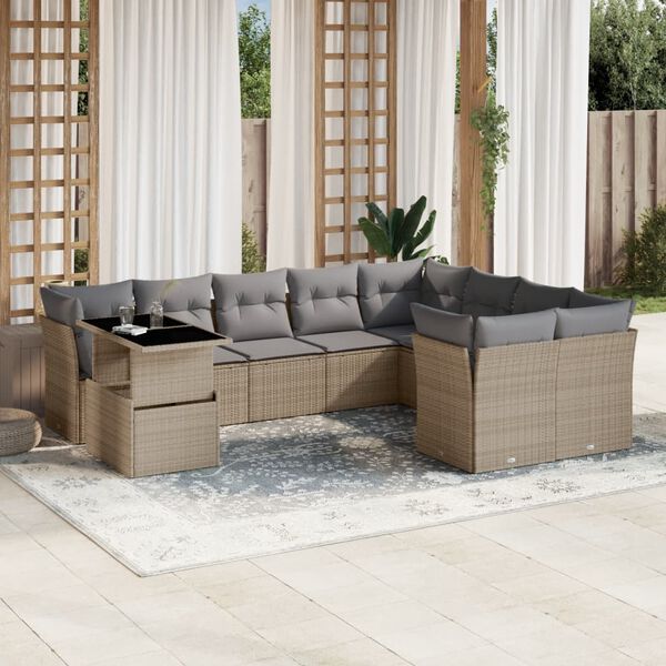 vidaXL Set Divano da Giardino 10 pz con Cuscini Beige in Polyrattan