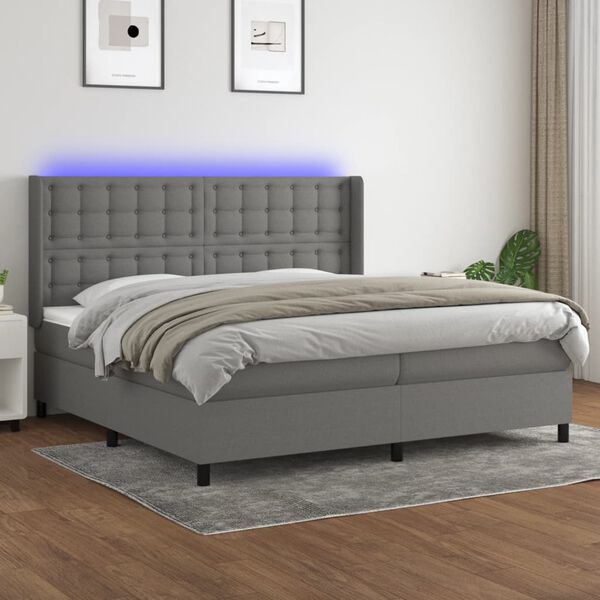 vidaXL Letto a Molle Materasso e LED Grigio Scuro 200x200cm in Tessuto