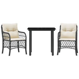 vidaXL Set da Bistr&ograve; 3 pz con Cuscini Nero in Polyrattan