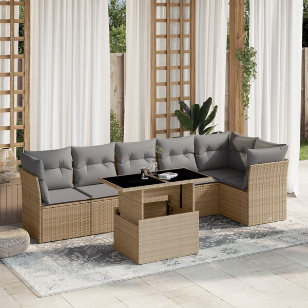 vidaXL Set Divani da Giardino 7 pz con Cuscini Beige in Polyrattan