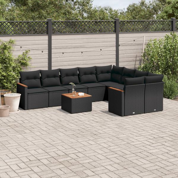 vidaXL Set Divani da Giardino 10pz con Cuscini in Polyrattan Nero