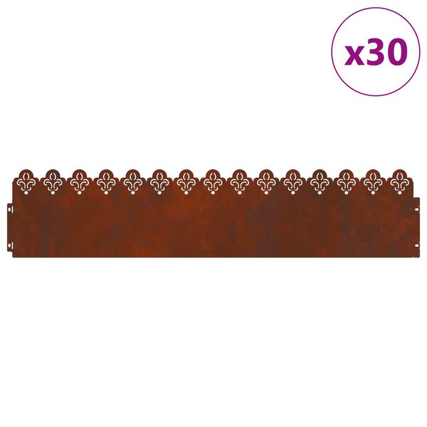 vidaXL Bordure per prato 30 pcs Ruggine 103 x 0,05 x 22 cm