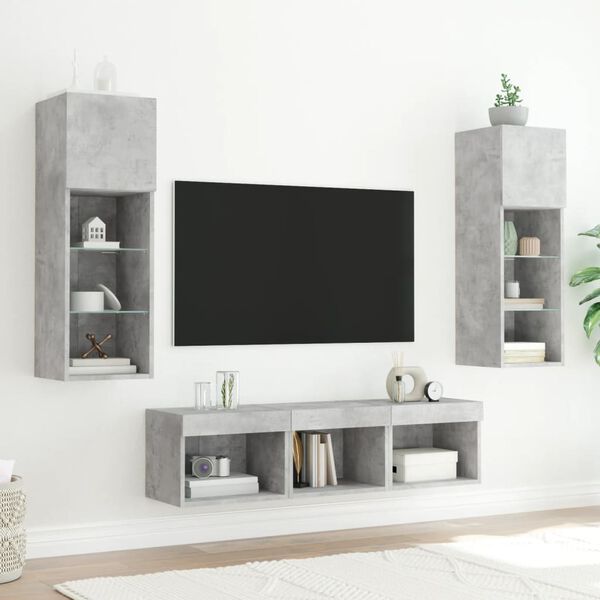 vidaXL Mobili TV a Muro con LED 5pz Grigio Cemento Legno Multistrato