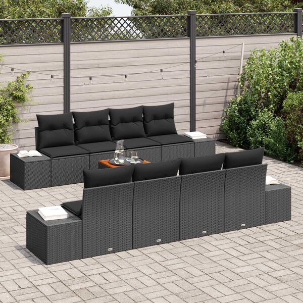 vidaXL Set Divano da Giardino con cuscino 9 pcs Nero polyrattan