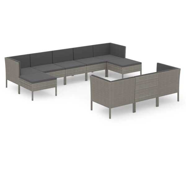 vidaXL Set Divani da Giardino 10 pz con Cuscini in Polyrattan Grigio