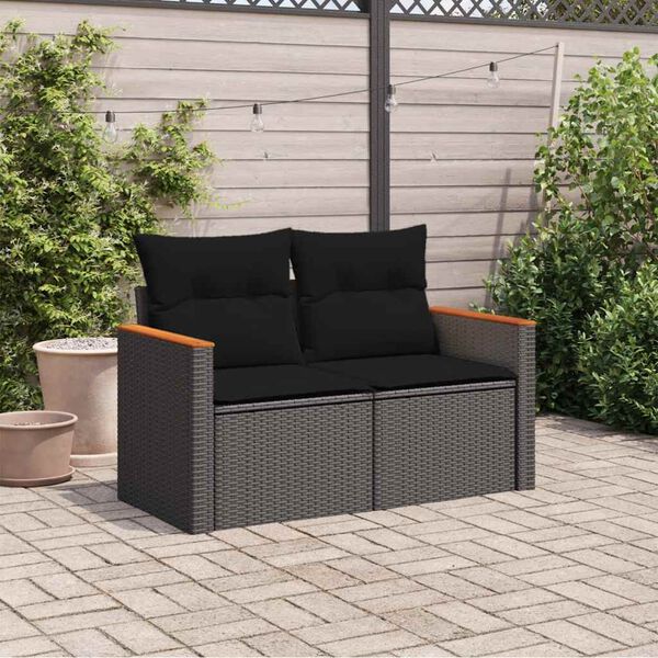 vidaXL Divano da giardino con cuscini 2 posti nero in polyrattan