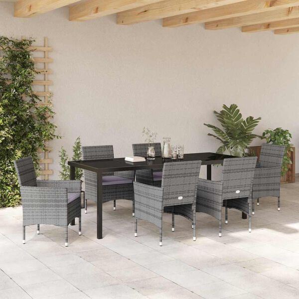 vidaXL Set da Pranzo per Giardino con cuscino 7 pcs Grigio polyrattan