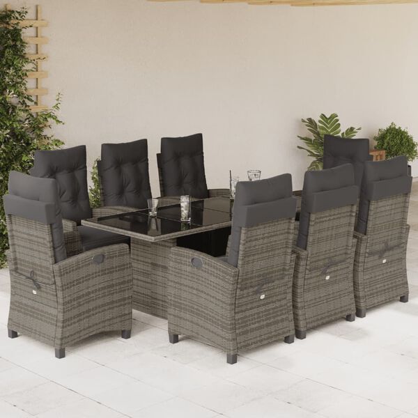vidaXL Set da Pranzo da Giardino 9 pz con Cuscini in Polyrattan Grigio