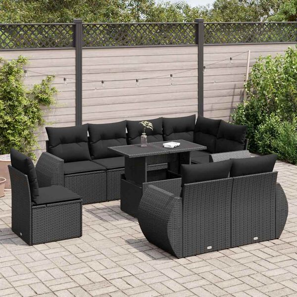 vidaXL Set Divani da Giardino 9 pz con Cuscini Nero in Polyrattan
