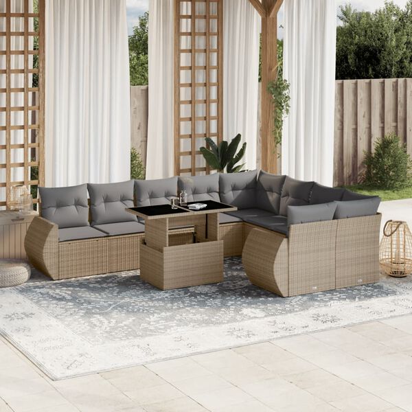 vidaXL Set Divano da Giardino 10 pz con Cuscini Beige in Polyrattan