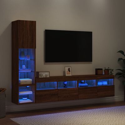 vidaXL Mobili TV a Muro con LED 4pz Rovere Marrone Legno Multistrato