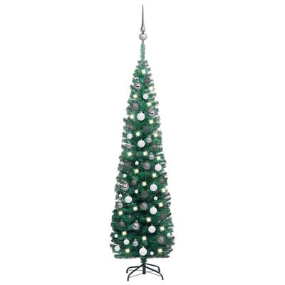 vidaXL Albero di Natale Sottile Preilluminato con Palline Verde 180 cm