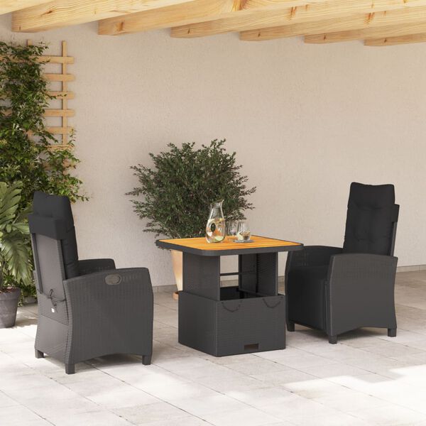 vidaXL Set da Pranzo da Giardino 3 pz con Cuscini Nero in Polyrattan