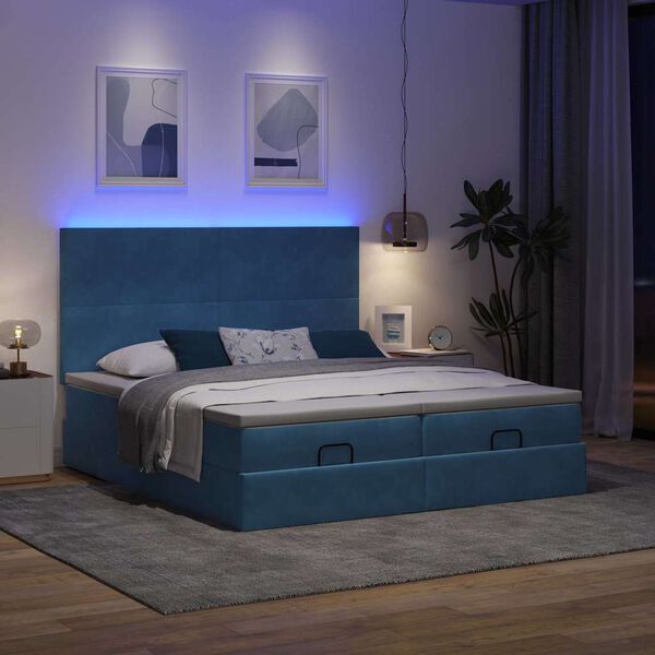 vidaXL Pouf Letto con Materassi e LED Blu Scuro 200x200cm Velluto