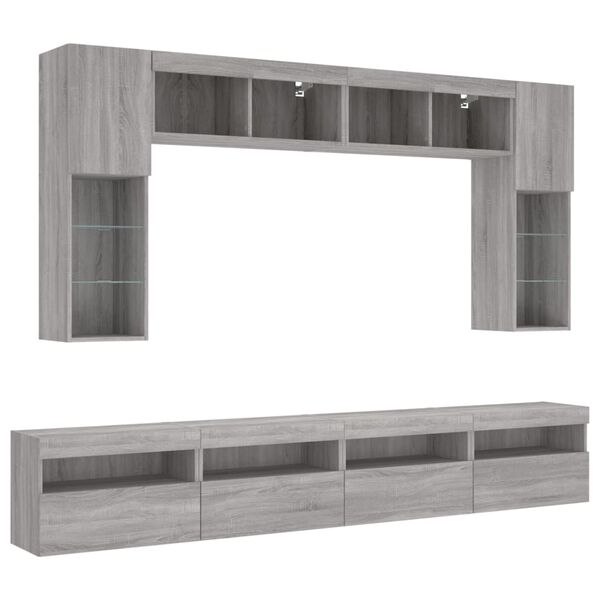 vidaXL Set Mobili TV a Muro 8 pz con Luci LED Grigio Sonoma