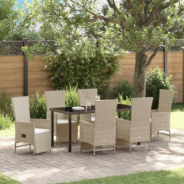 vidaXL Set da Pranzo per Giardino con cuscino 7 pcs Beige polyrattan