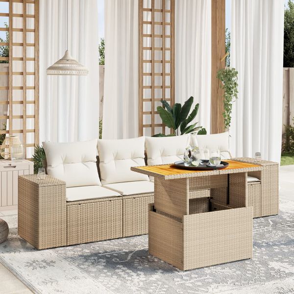 vidaXL Set Divano da Giardino 5 pz con Cuscini Beige in Polyrattan