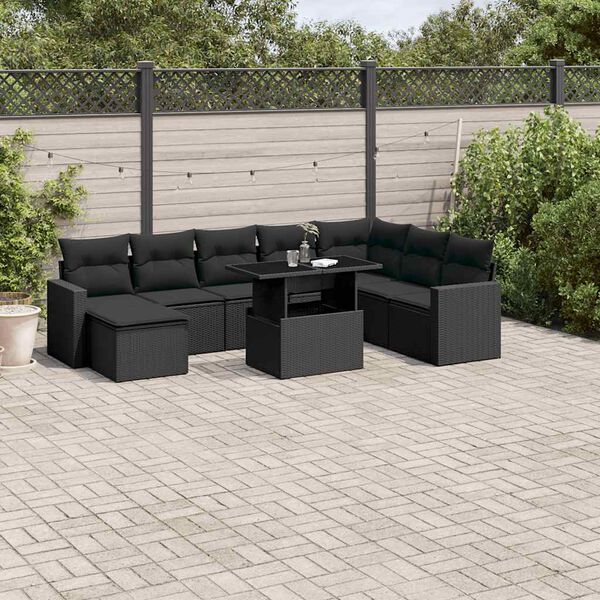 vidaXL Set Divani da Giardino 9 pz con Cuscini Nero in Polyrattan