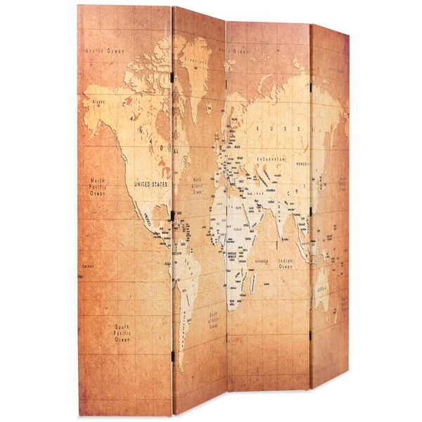 vidaXL Paravento Pieghevole 160x170 cm Stampa Mappa del Mondo Giallo