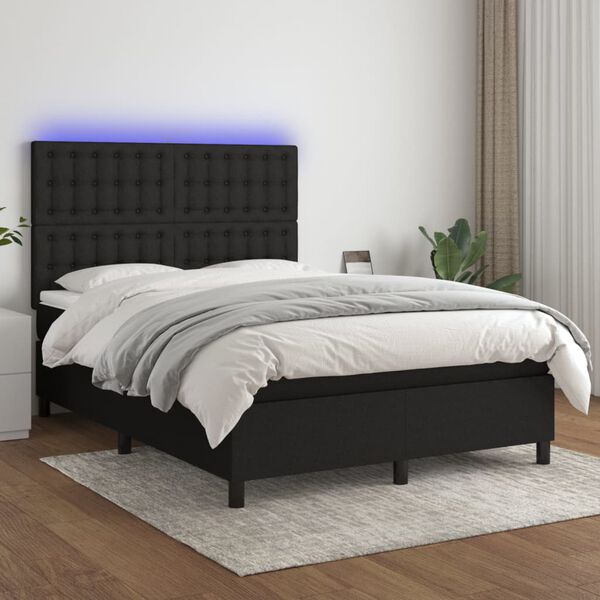 vidaXL Letto a Molle con Materasso e LED Nero 140x190 cm in Tessuto