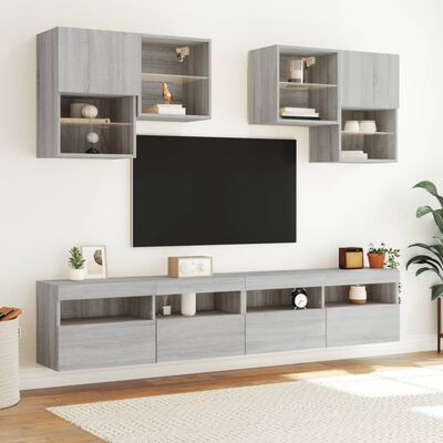 vidaXL Set Mobili TV a Muro 6 pz con Luci LED Grigio Sonoma