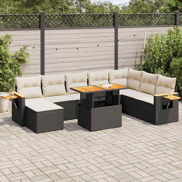 vidaXL Set Divani da Giardino 9 pz con Cuscini Nero Polyrattan Acacia